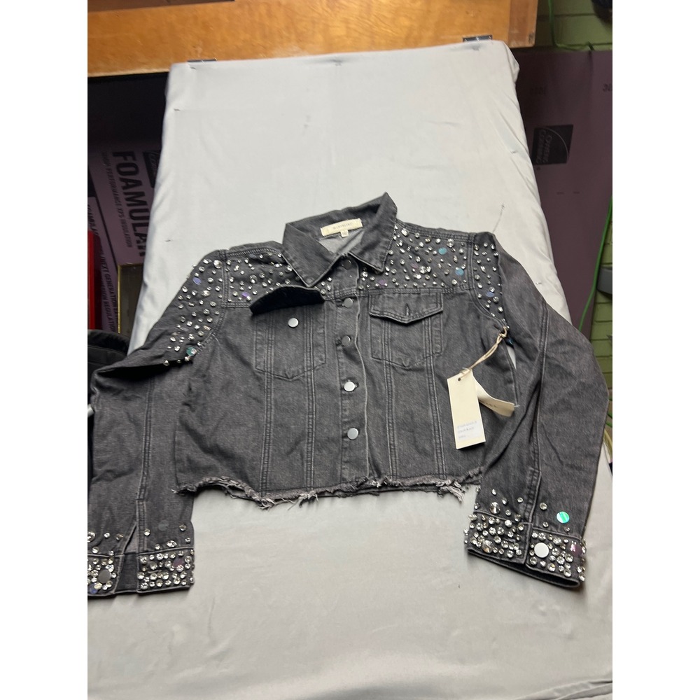 Blue Velvet Rhinestone Embellished Cropped Denim Jacket Black 60205JS Womens L